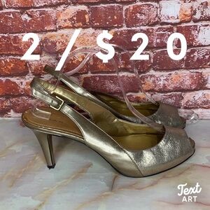 Tahari Platinum Gold Leather Peep Toe Sling Back Pumps